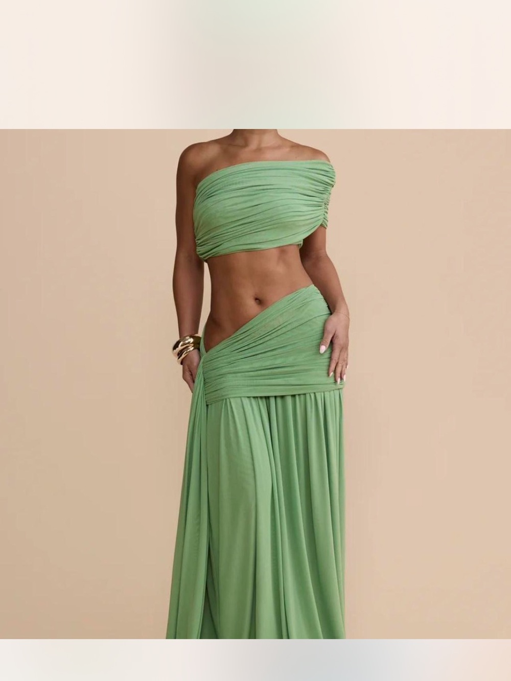 Draped One-Shoulder Green Maxi top and skirt set